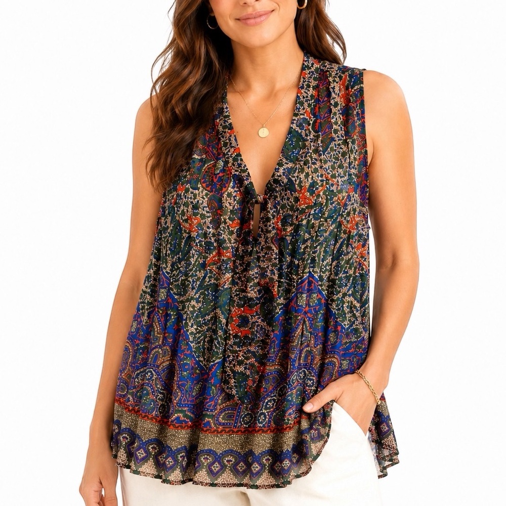 Joie Silk Crepe Paisley Blouse Semi-Sheer Boho Pleated Bow Neck Sleeveless Top S